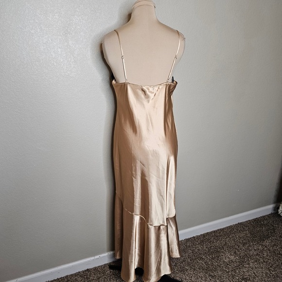 vintage Y2K Satin Slip Dress Black Lace Trim Dress Gold - Picture 4 of 7